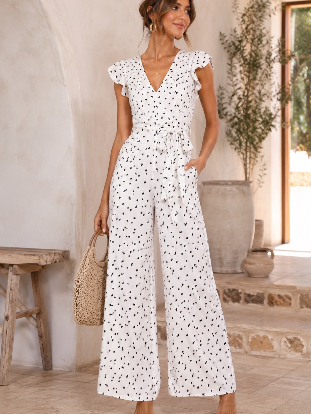 Lulus White Black Abstract Print Wide Leg Jumpsuit Size Small